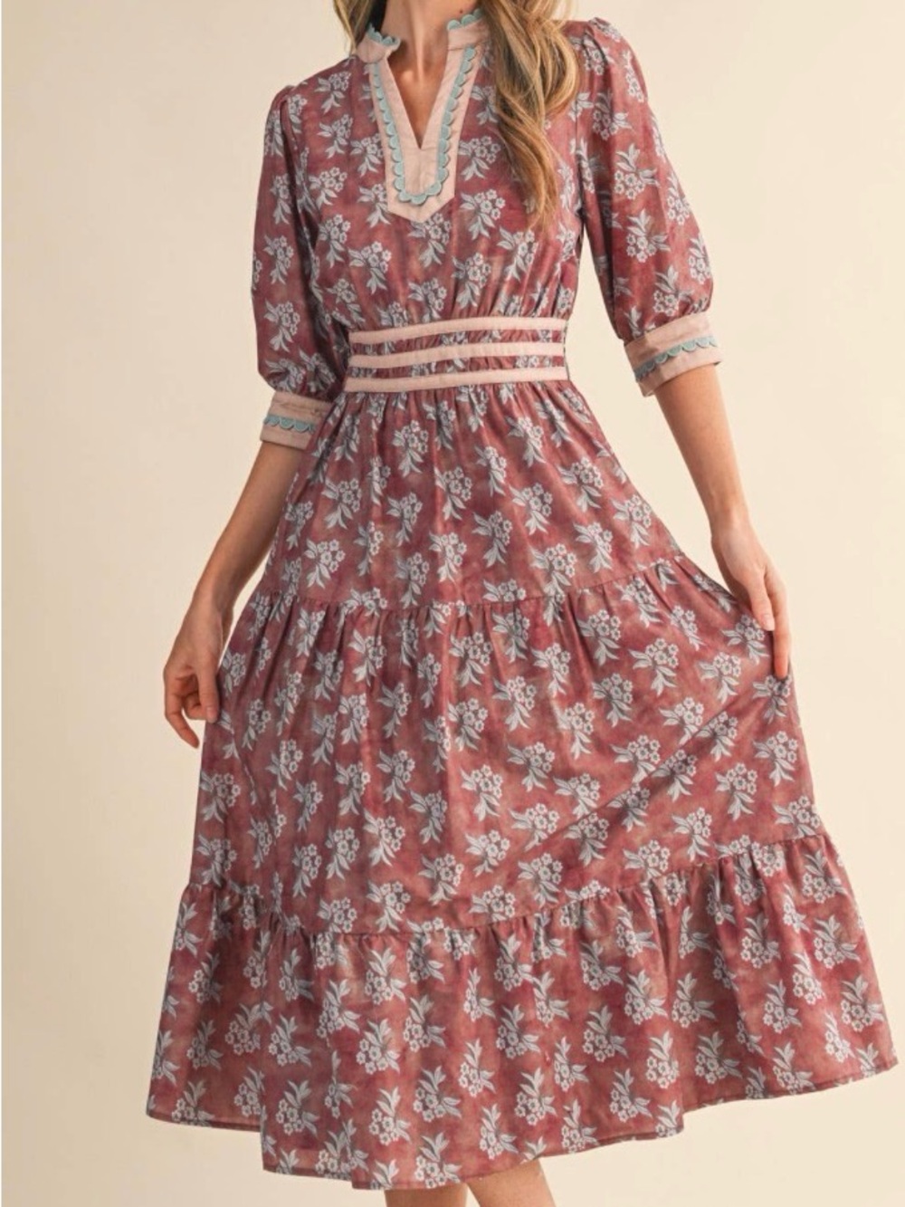 NWOT Mauve Floral Maxi Dress with Contrast Trim